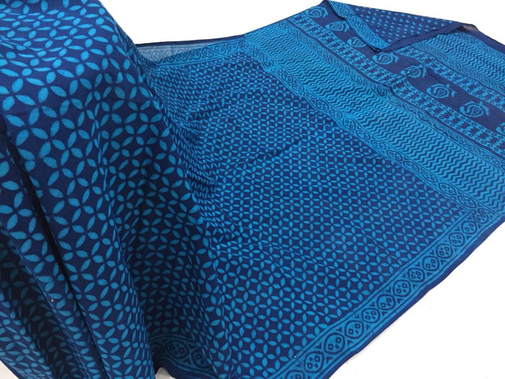 Natural blue regular wear bagru print cotton sarees with blouse piece