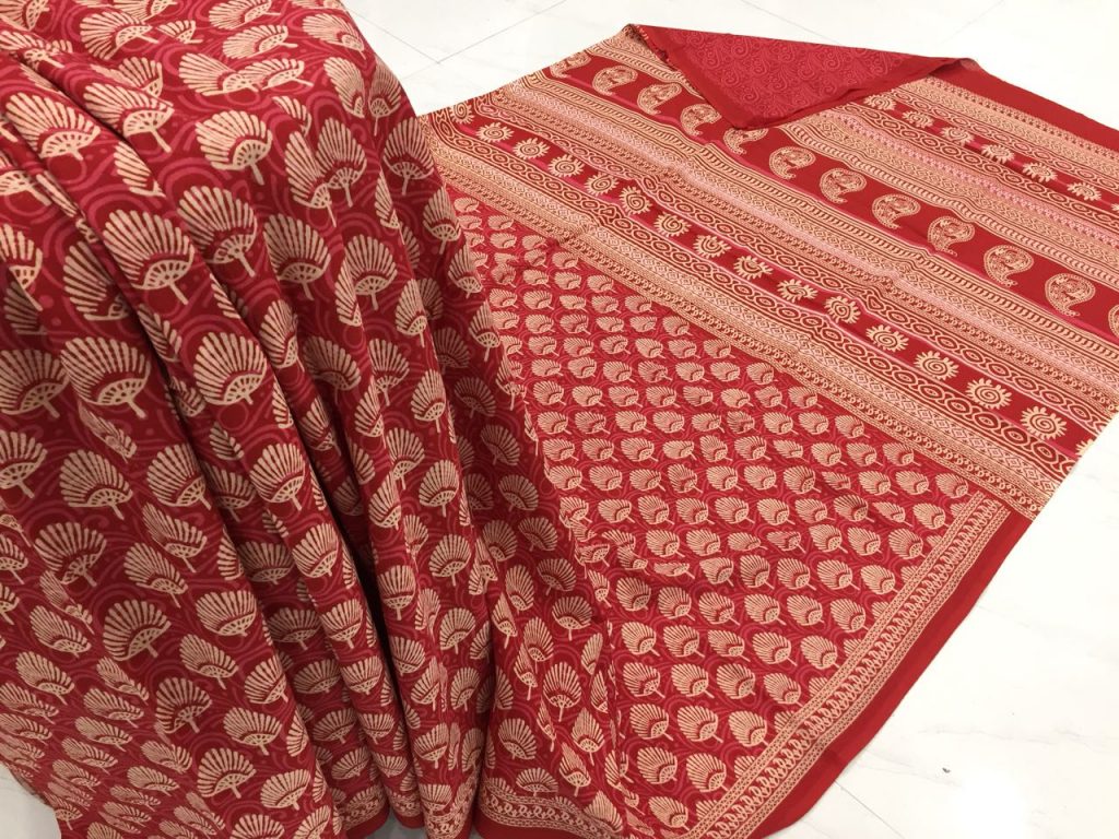 Jaipuri crimson regular wear bagru print cotton sarees with blouse piece