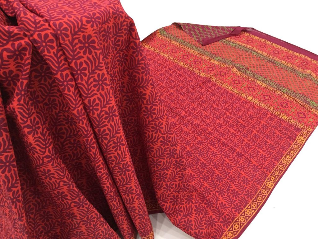 Jaipuri crimson casual wear bagru print cotton sarees with blouse piece