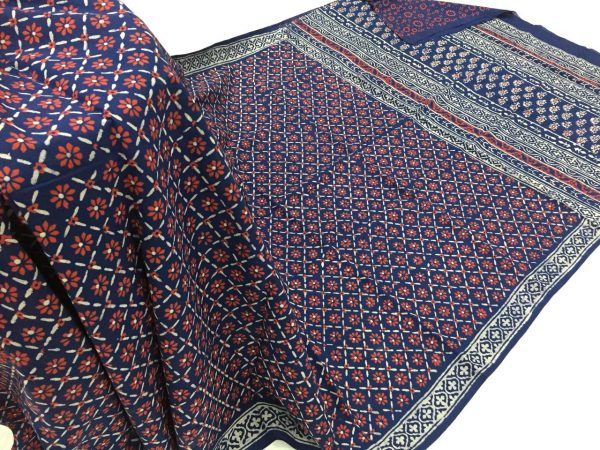 Jaipuri navy blue casual wear floral bagru print cotton sarees with blouse piece
