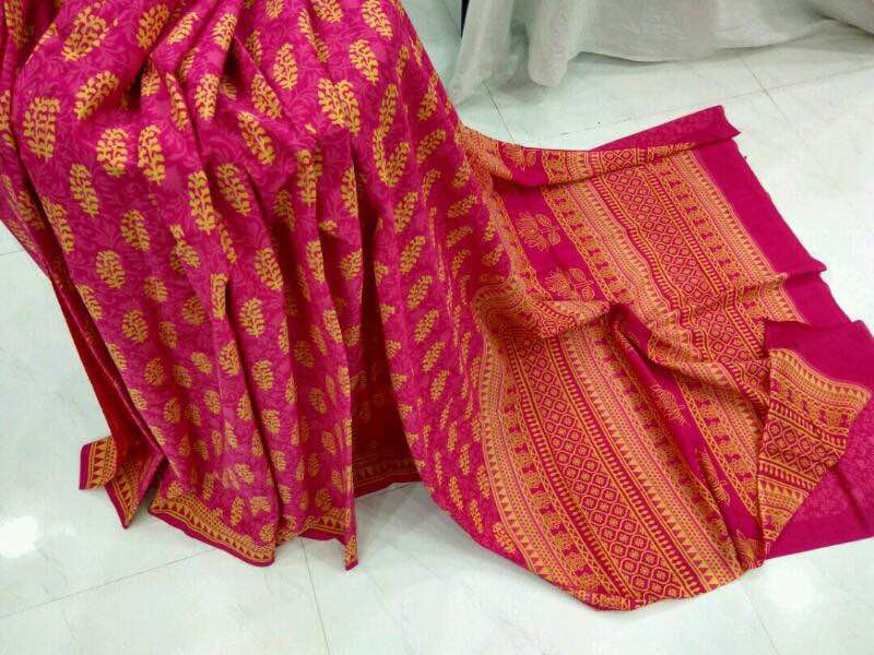 Magenta regular wear leaf bagru print cotton sarees with blouse piece