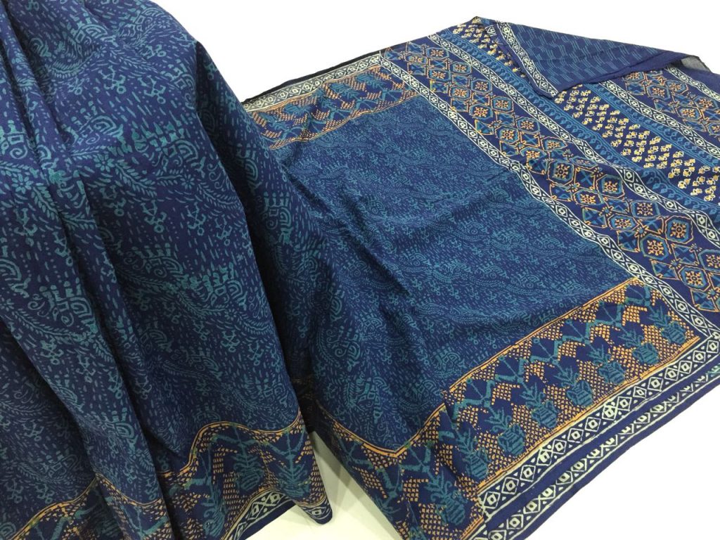 Jaipuri navy blue casual wear bagru print cotton sarees with blouse piece