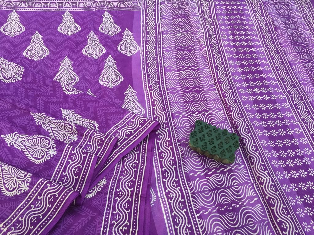 Jaipuri purple casual wear bagru print cotton sarees with blouse piece