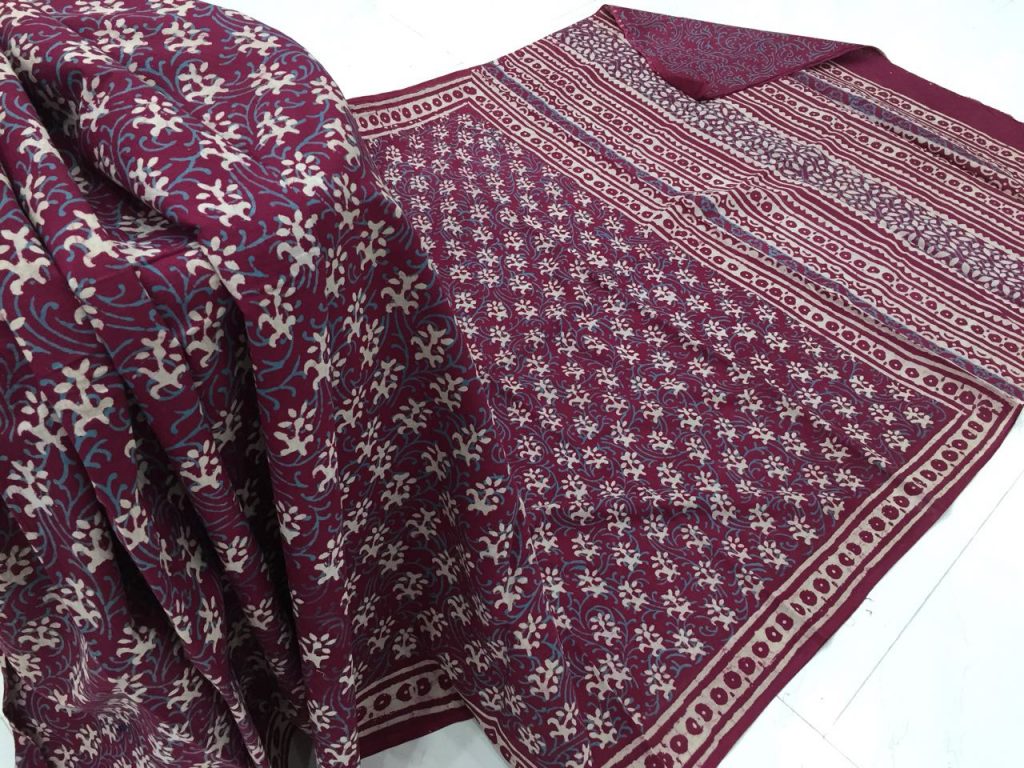 Jaipuri maroon casual wear bagru print cotton sarees with blouse piece