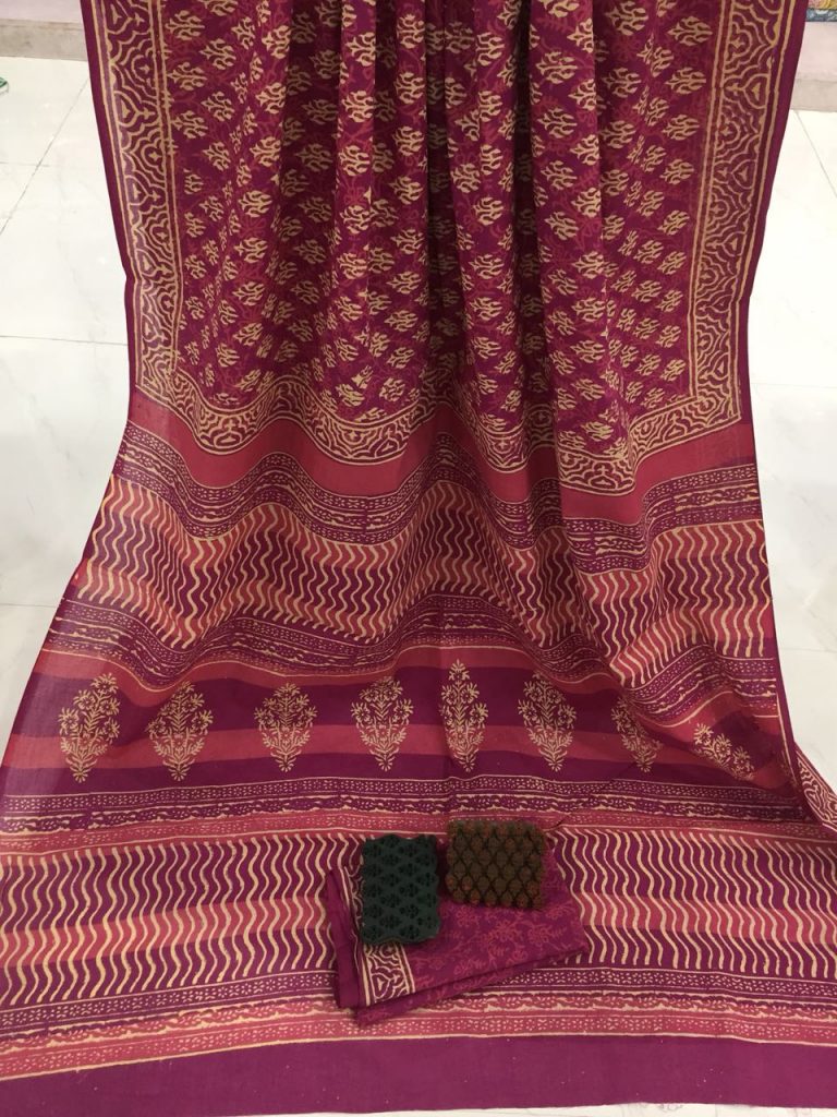 Jaipuri maroon casual wear booty bagru print cotton sarees with blouse piece