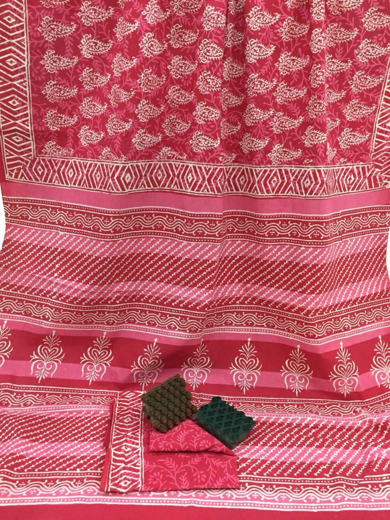 Traditional cerise casual wear kerry bagru print cotton sarees with blouse piece