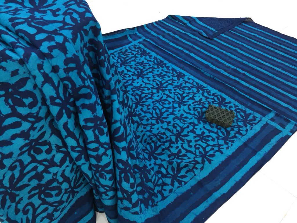 Traditional blue regular wear floral bagru print cotton sarees with blouse piece