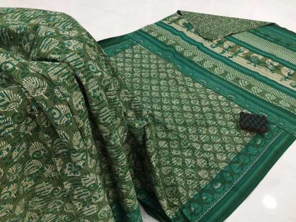 Ladies viridian casual wear bagru print cotton sarees with blouse piece