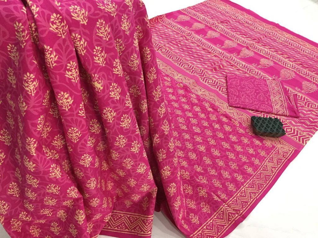 Ladies rose casual wear booty bagru print cotton sarees with blouse piece