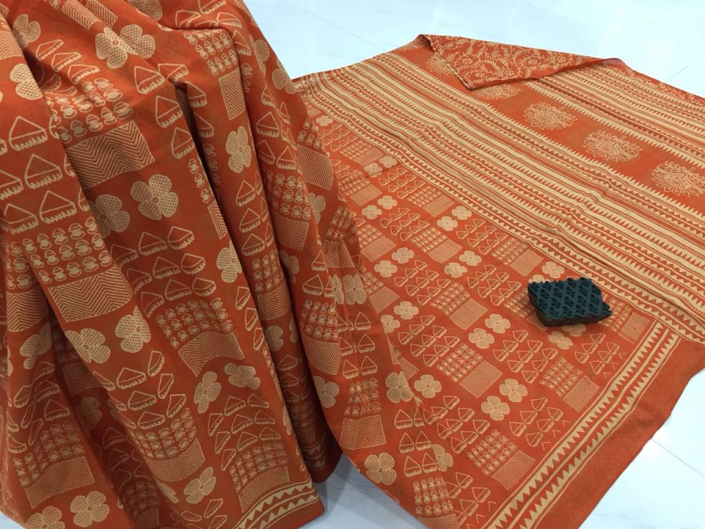 Ladies ocher casual wear bagru print cotton sarees with blouse piece