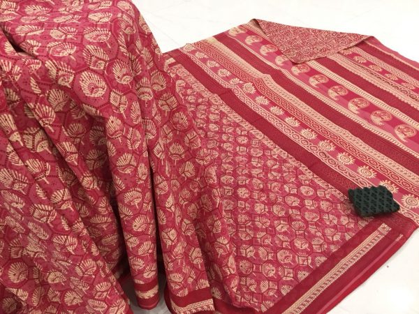 Ladies cerise daily wear bagru print cotton sarees with blouse piece