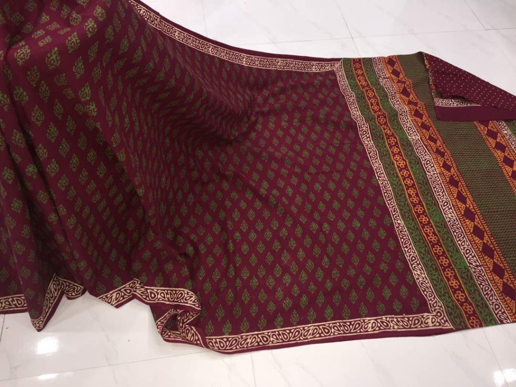 Burgundy casual wear booty bagru print cotton sarees with blouse piece