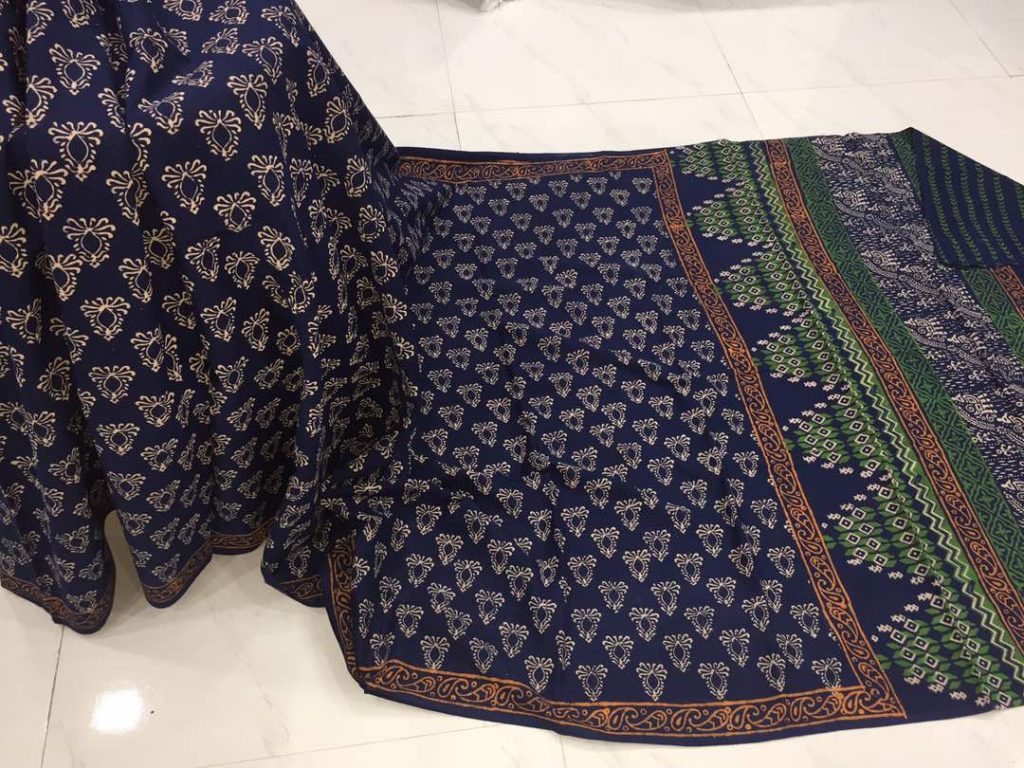 Indigo daily wear bagru print cotton sarees with blouse piece