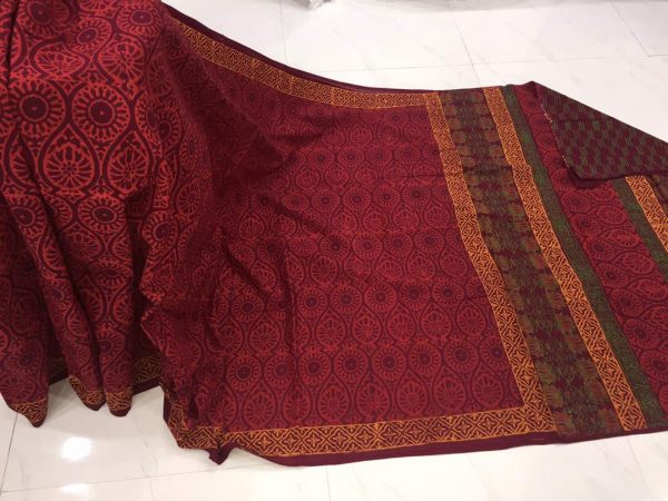 Sangria casual wear bagru print cotton sarees with blouse piece