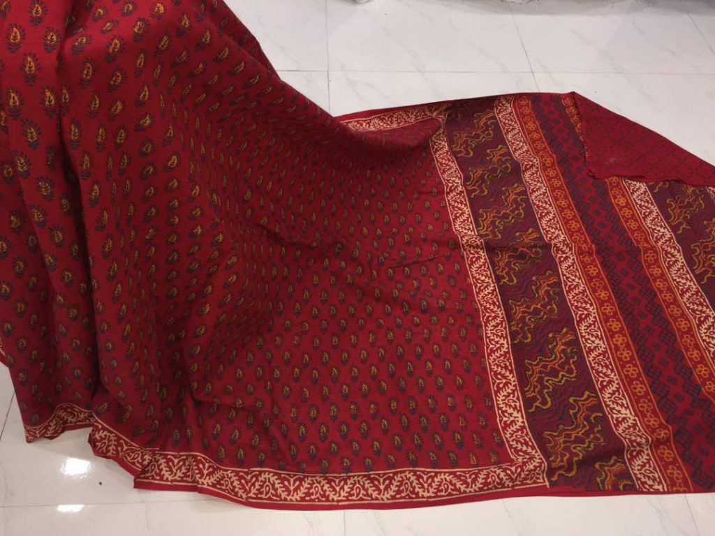 Sangria casual wear booty bagru print cotton sarees with blouse piece