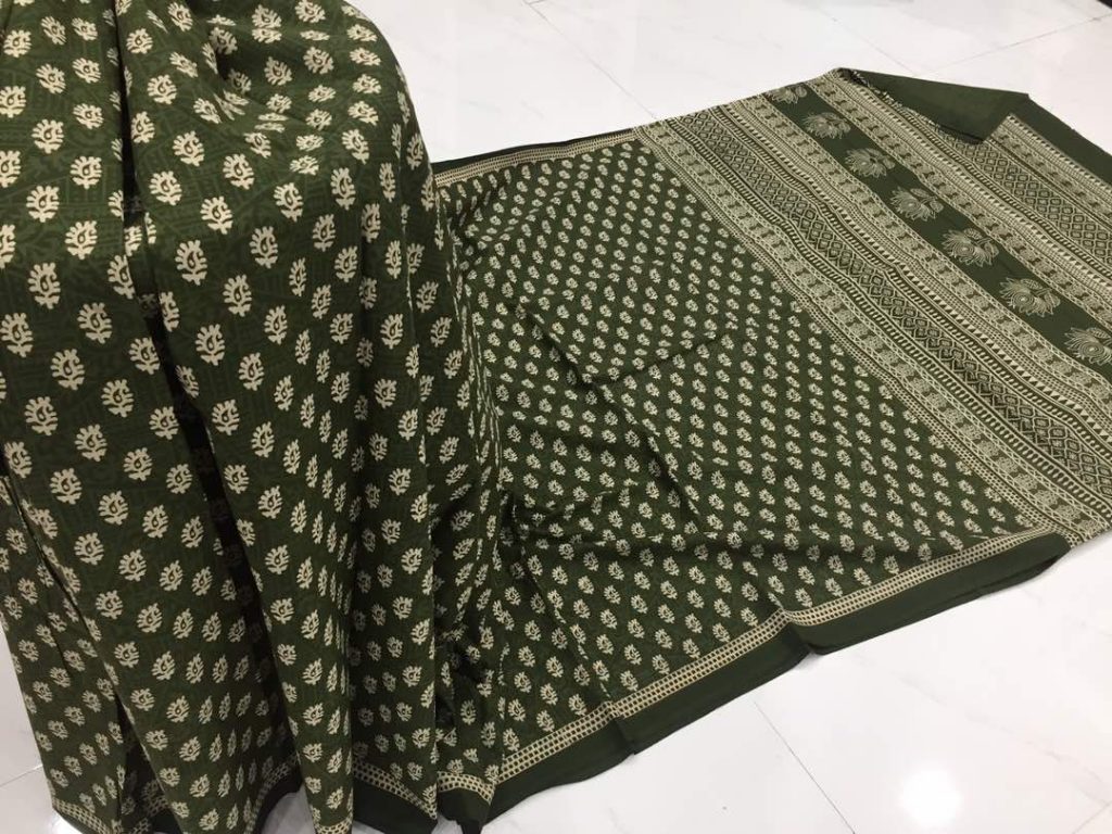 Olive daily wear booty bagru print cotton sarees with blouse piece