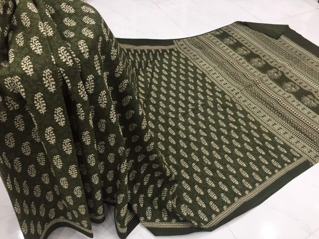 Olive daily wear leaf bagru print cotton sarees with blouse piece