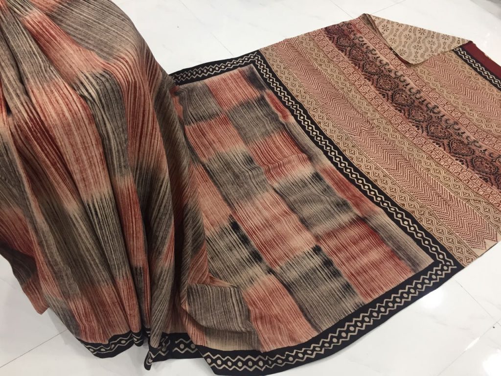 Desert sand casual wear bagru print cotton sarees with blouse piece