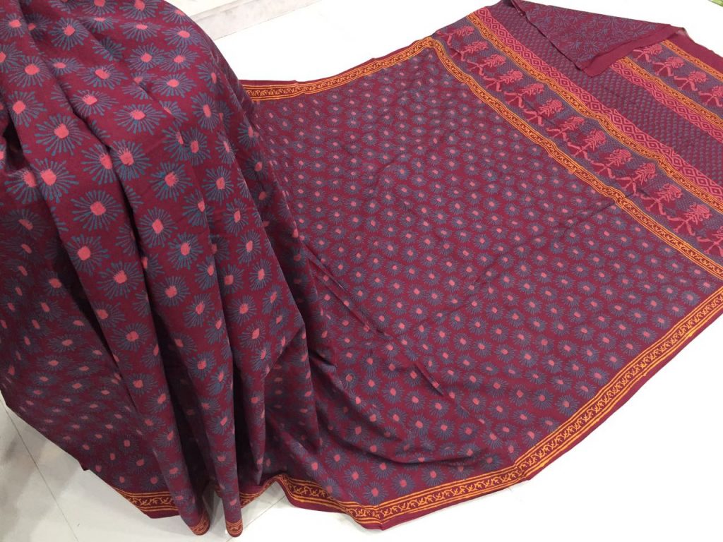 Natural maroon daily wear bagru print cotton sarees with blouse piece