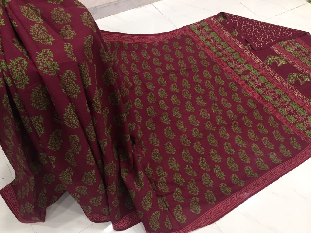 Natural maroon daily wear booty bagru print cotton sarees with blouse piece