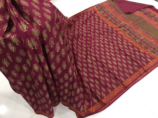 Burgundy daily wear kerry bagru print cotton sarees with blouse piece