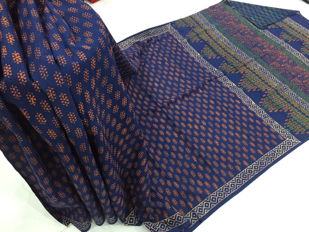 Natural navy blue daily wear booty bagru print cotton sarees with blouse piece