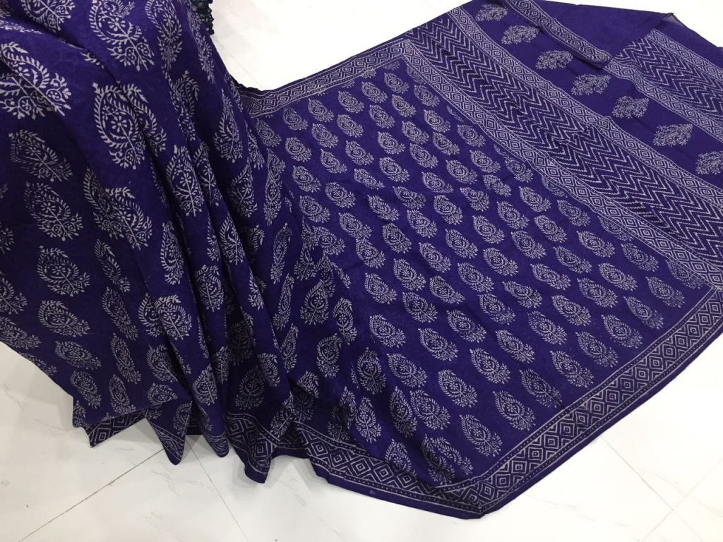 Natural indigo daily wear booty bagru print cotton sarees with blouse piece