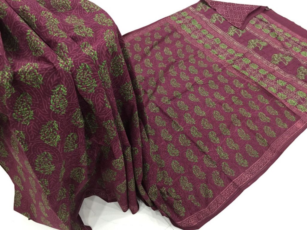 Natural maroon casual wear bagru print cotton sarees with blouse piece