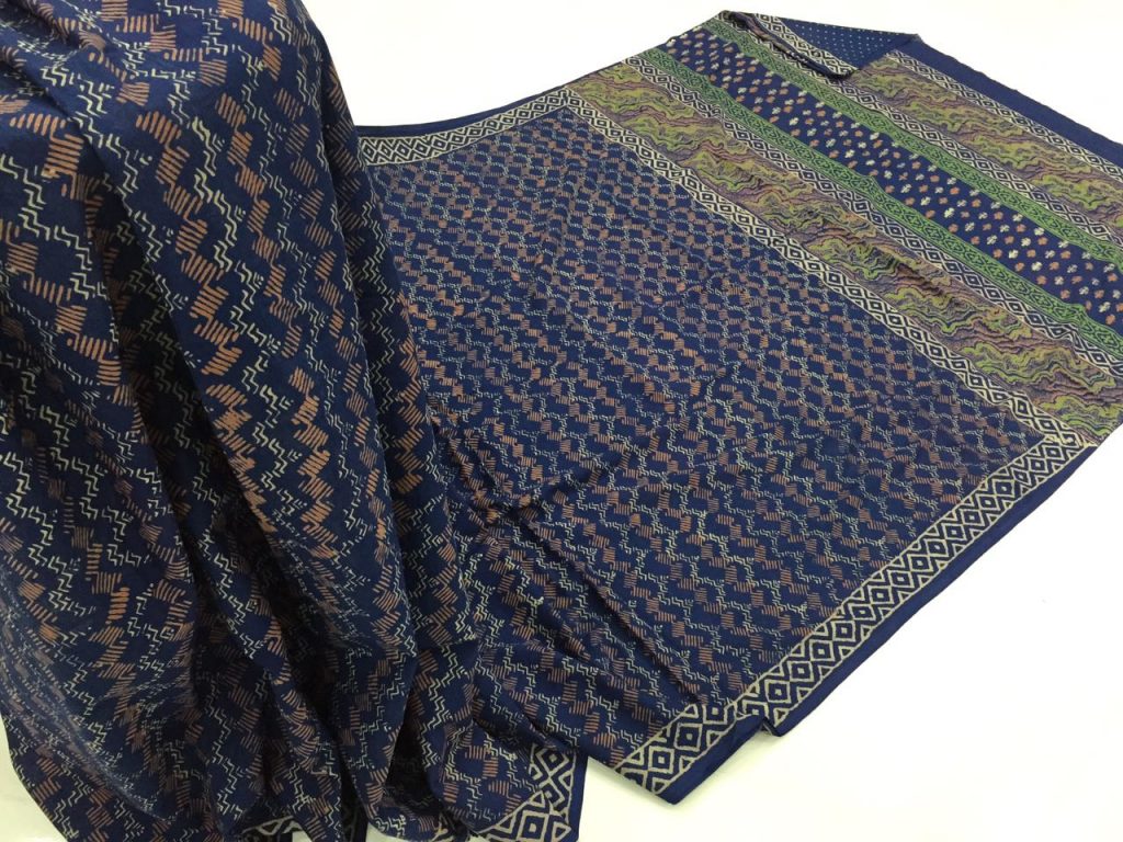 Natural indigo daily wear bagru print cotton sarees with blouse piece