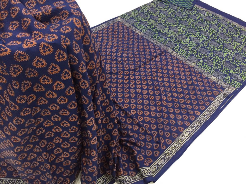 Natural navy blue regular wear bagru print cotton sarees with blouse piece
