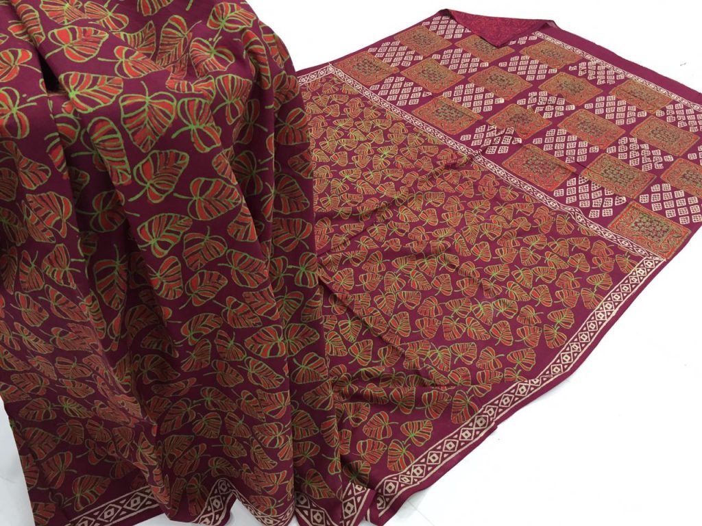 Carmine casual wear bagru print cotton sarees with blouse piece