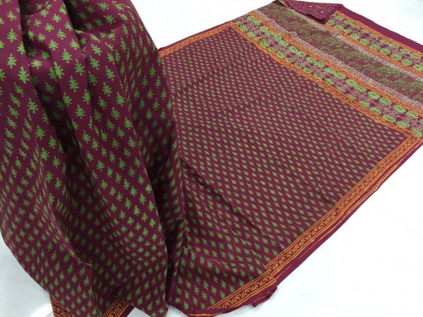 Carmine casual wear booty bagru print cotton sarees with blouse piece