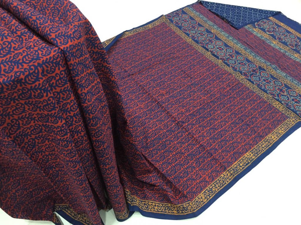 Persian blue casual wear booty bagru print cotton sarees with blouse piece