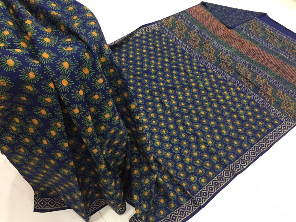 Natural navy blue casual wear bagru print cotton sarees with blouse piece