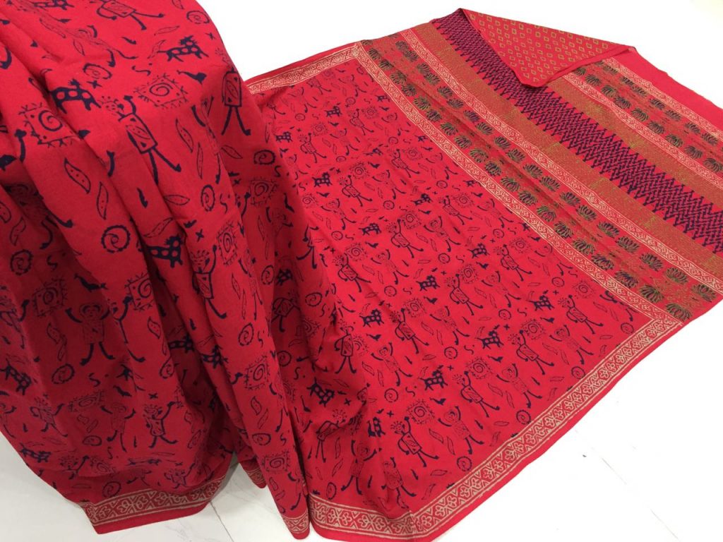 Natural red daily wear booty bagru print cotton sarees with blouse piece