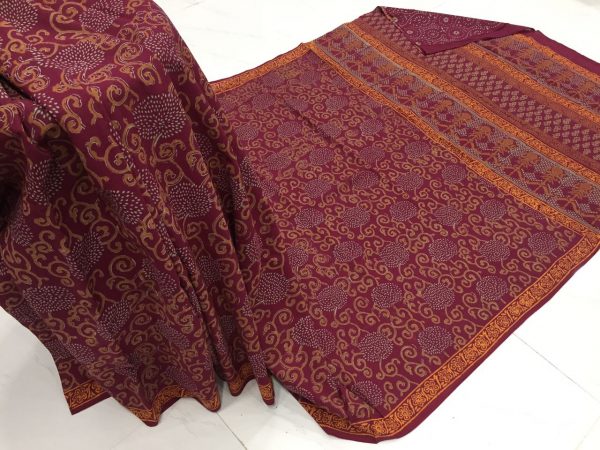Carmine regular wear bagru print cotton sarees with blouse piece