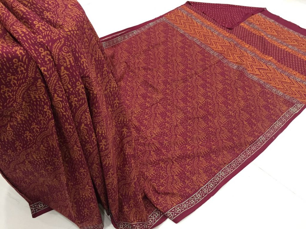 Crimson daily wear bagru print cotton sarees with blouse piece