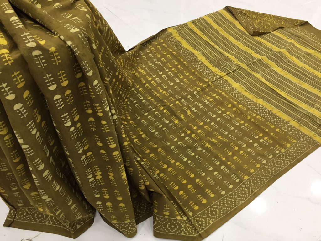 Olive regular wear booty bagru print cotton sarees with blouse piece