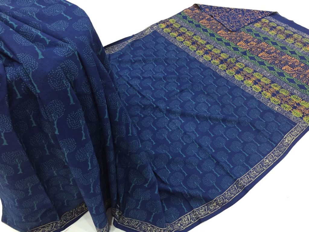 Blue regular wear tree bagru print cotton sarees with blouse piece