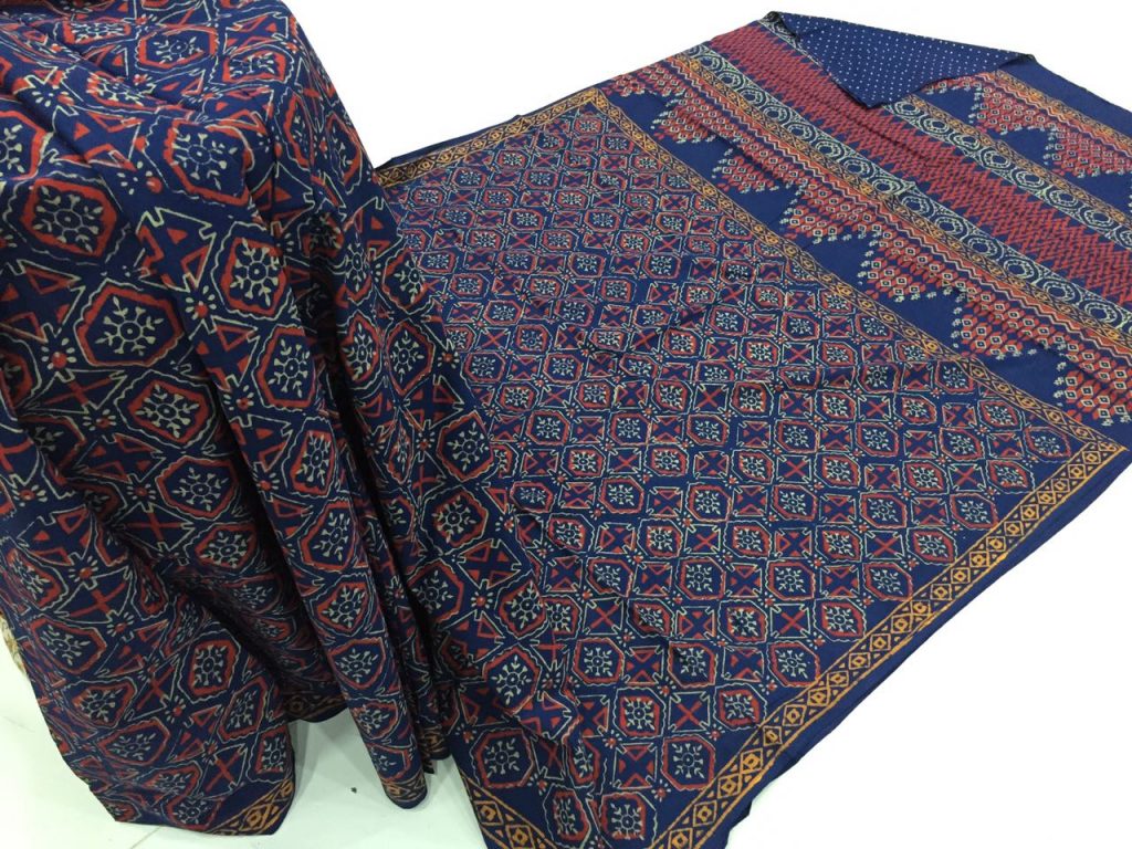 Natural navy blue regular wear bagru print cotton sarees with blouse