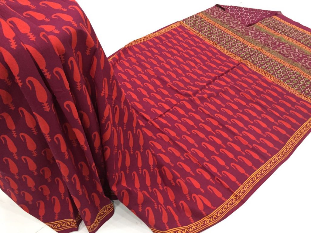 Ruby regular wear tree bagru print cotton sarees with blouse piece