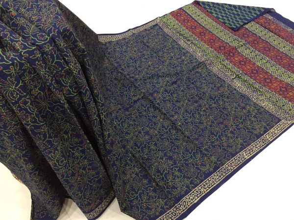 Navy blue regular wear floral bagru print cotton sarees with blouse piece