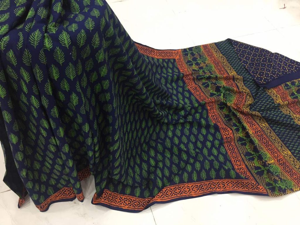 Navy blue casual wear leaf bagru print cotton sarees with blouse piece