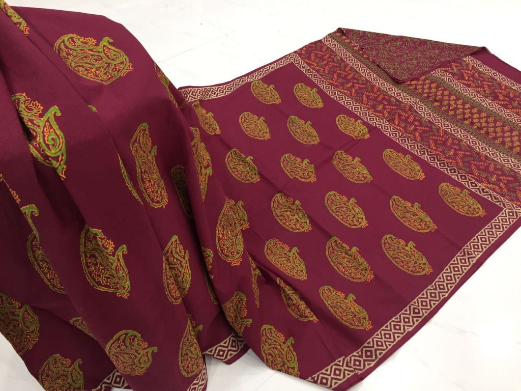 Natural maroon casual wear bagru print cotton sarees with blouse