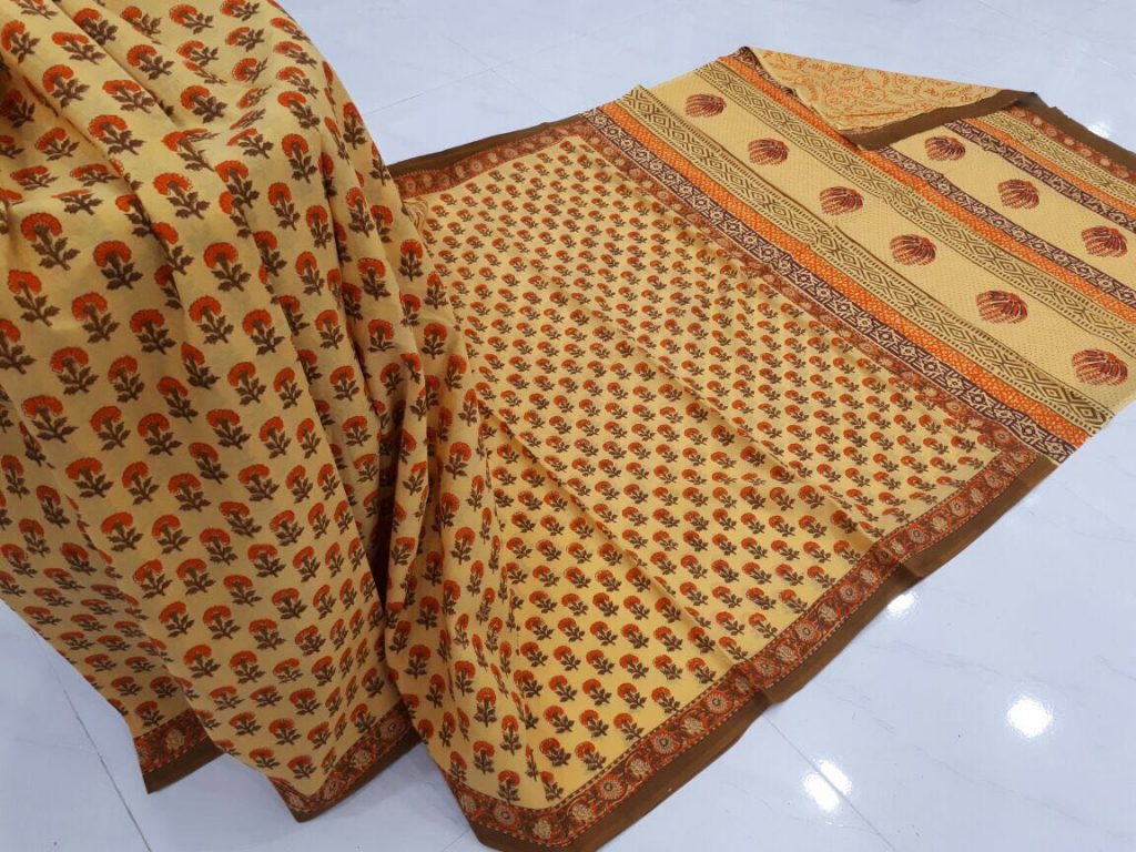 Peach daily wear booty bagru print cotton sarees with blouse piece
