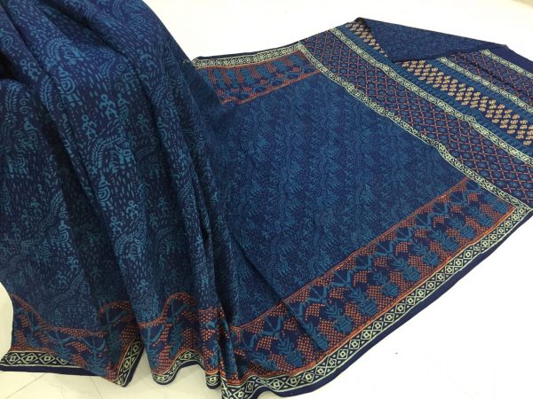 Prussian blue regular wear tree bagru print cotton sarees with blouse piece