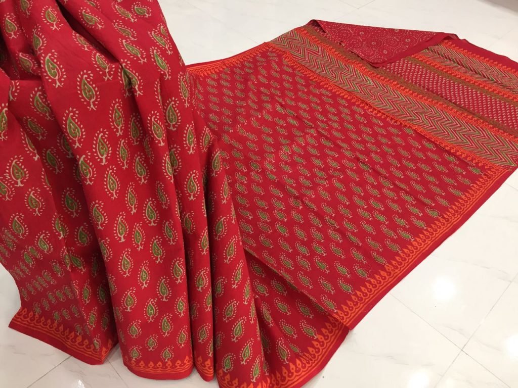 Scarlet casual wear bagru print cotton sarees with blouse piece