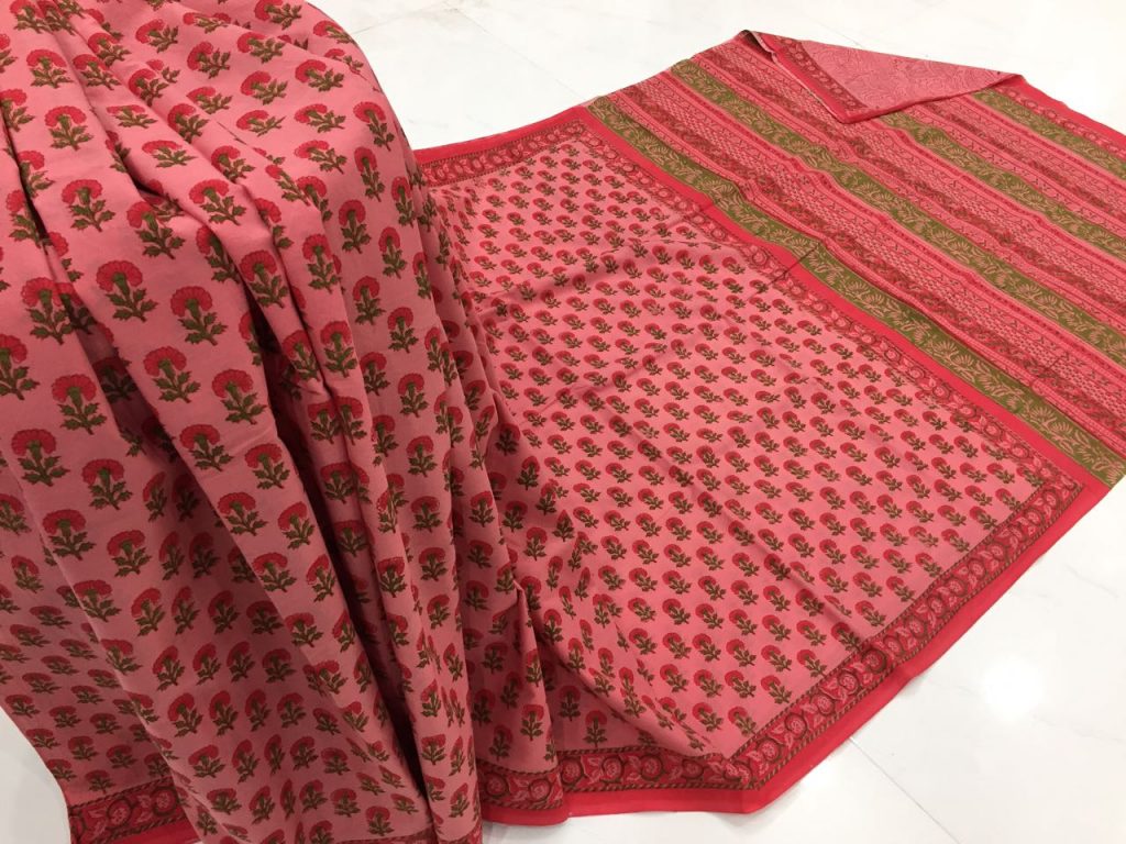 Pink casual wear bagru print cotton sarees with blouse piece