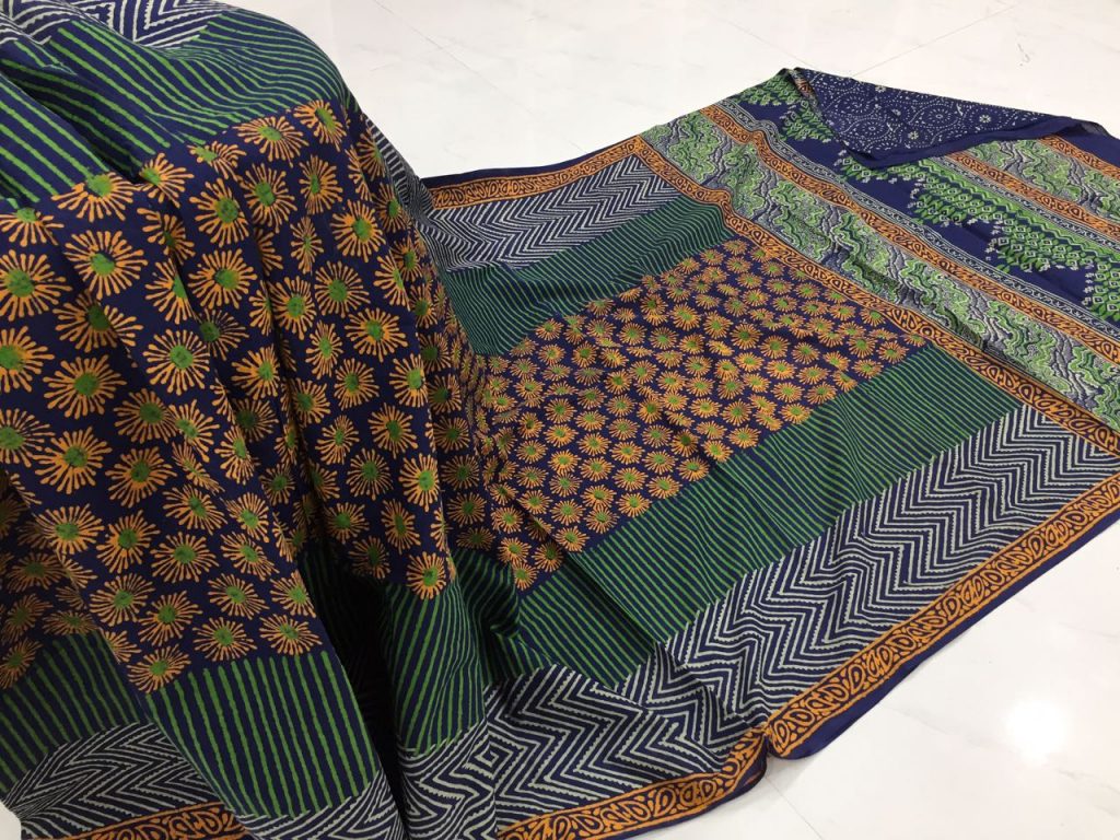 Navy blue  yellow casual wear bagru print cotton sarees with blouse piece