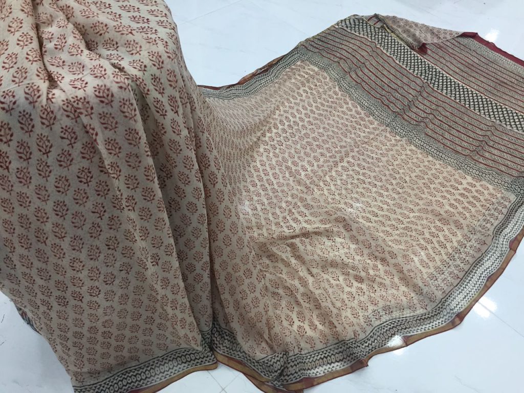 Tan bagru booty print casual wear chiffon saree with blouse piece